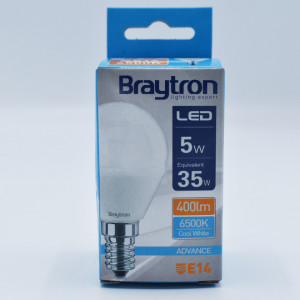 Bec led sferic 5W (35W), E14, P45, 400lm, lumina rece (6500K), opal, Braytron