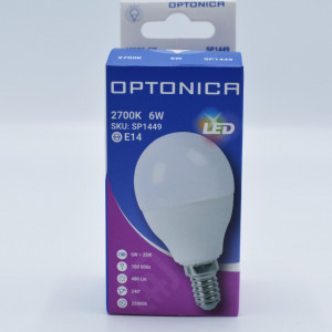Bec led sferic 6W (35W), E14, G45, 480lm, lumina calda (2700K), opal, Optonica