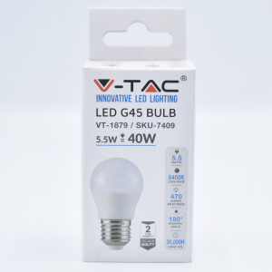 Bec led sferic 5.5W (40W), E27, G45, 470 lm, lumina rece (6400K), opal, V-TAC