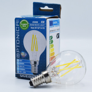 Bec led sferic Vintage filament 4W (32W), E14, G45, 400lm, lumina neutra (4500K), clar, Optonica