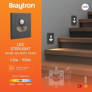 Corp LED incastrat pentru trepte 1.5W, senzor de miscare, lumina calda/neutra/rece, gri, IP20, Braytron [3]- savelectro.ro