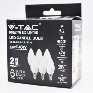 Set 6 becuri LED lumanare 4.5W (40W), E14, 470 lm, lumina rece (6500K), opal, V-TAC