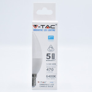 Bec LED dimabil lumanare 5.5W (40W) cip Samsung , E14, C37, 470 lm, lumina rece (6400 K), V-TAC
