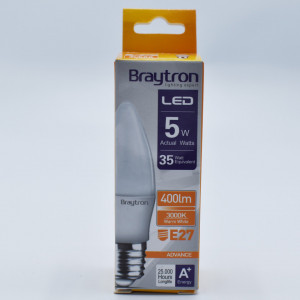 Bec led lumanare 5W (35W), E27, C37, 400lm, lumina calda (3000K), opal, Braytron