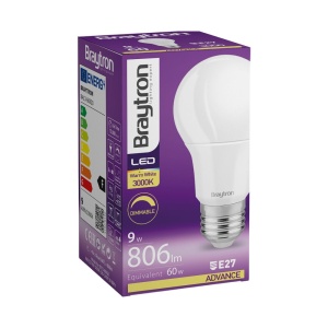 Bec LED 9W(60W) Braytron, A60, E27, dimabil, lumina calda (3000 K), clasa energetica F [2]- savelectro.ro