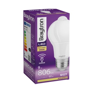Bec LED 9W(60W) Braytron, E27, A60, 806 lm, 3000K, senzor miscare, clasa energetica F [2]- savelectro.ro