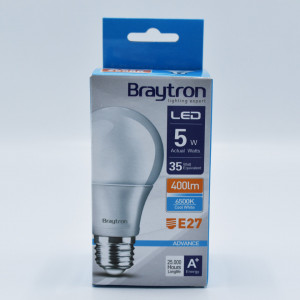 Bec led 5W (35W) Braytron, A60, E27, 400lm, lumina rece (6500K), clasa energetica F