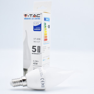 Bec LED flacara 5.5W (40W) cip Samsung, E14, C37T, 470 lm, lumina calda (3000K), opal, V-TAC