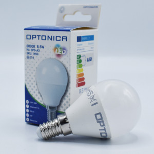 Bec led sferic 8.5W (60W), E14, G45, 806lm, lumina rece (6000K), opal, Optonica