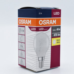 Bec led sferic 5.5W (40W), E14, P40, 470lm, lumina calda (2700K), opal, Osram