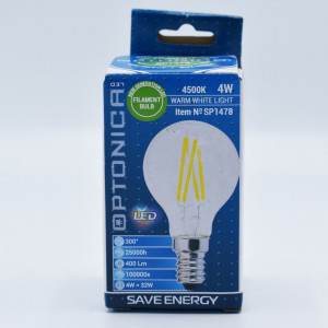 Bec led sferic Vintage filament 4W (32W), E14, G45, 400lm, lumina neutra (4500K), clar, Optonica