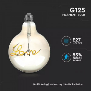 Bec LED Vintage filament Love V-TAC, 5W(30W), E27, G125, 70 lm, lumina calda (2200K), clasa energetica G [6]- savelectro.ro