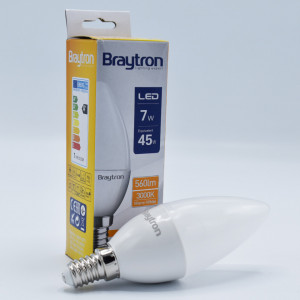 Bec led lumanare 7W (45W), E14, C37, 560lm, lumina calda (3000K), opal, Braytron