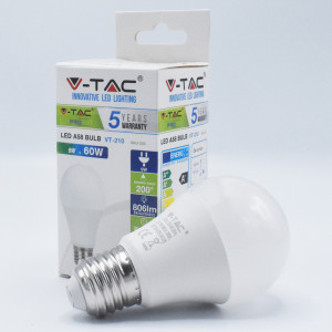 Bec led chip Samsung 9W (60W), 5 ani garantie, E27, 806 lm, A+, lumina calda (3000 K), V-TAC