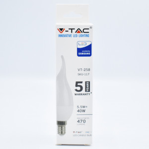 Bec LED flacara 5.5W (40W) cip Samsung, E14, C37T, 470 lm, lumina calda (3000K), opal, V-TAC