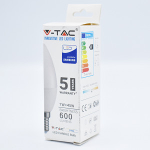 Becuri LED E14, Bec LED lumanare V-TAC, 7W(45W), cip Samsung, E14, C37, 600 lm, lumina neutra (4000K), clasa energetica F - savelectro.ro