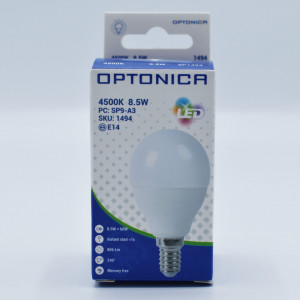 Bec led sferic 8.5W (60W), E14, G45, 806lm, lumina neutra (4500K), opal, Optonica