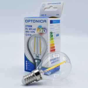 Bec led sferic Vintage filament 2W (17W), E14, G45, 250lm, lumina calda (2700K), clar, Optonica