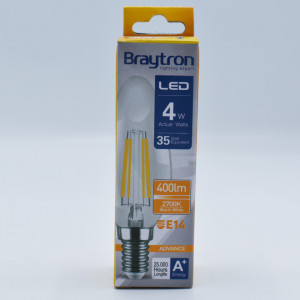 Bec led lumanare Vintage filament 4W (35W), E14, C35, 400lm, lumina calda (2700K), clar, Braytron