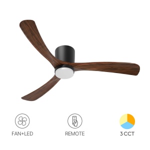 Plafoniera LED cu ventilator, Braytron, 18W+30W, CCT, lumina calda/neutra/rece, negru+lemn, telecomanda