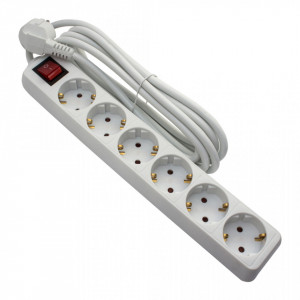 Prelungitoare Electrice, Prelungitor 6 prize 5 metri, cablu 3x1, max 10A, cu intrerupator, alb, Strohm - savelectro.ro