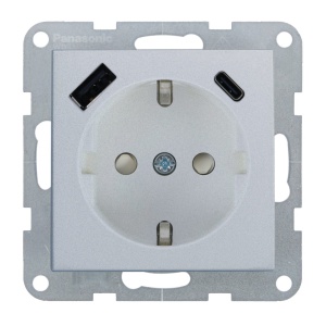 Prize si intrerupatoare, Priza simpla cu impamantare, protectie copii, USB A+C, 16A, IP20, Argintiu, Panasonic Karre Plus 55 - savelectro.ro