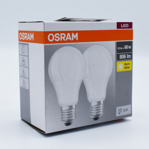 Set 2 becuri led 8.5W (60W), E27, 806 lm, lumina calda (2700K), opal, Osram
