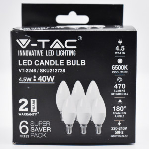 Set 6 becuri LED lumanare 4.5W (40W), E14, 470 lm, lumina rece (6500K), opal, V-TAC