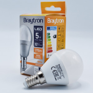Bec led sferic 5W (32W), E14, P45, 370lm, lumina calda (3000K), opal, Braytron