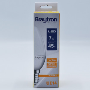 Bec led lumanare 7W (45W), E14, C37, 560lm, lumina calda (3000K), opal, Braytron