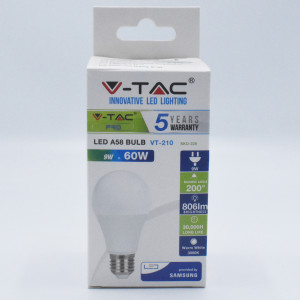 Bec led chip Samsung 9W (60W), 5 ani garantie, E27, 806 lm, A+, lumina calda (3000 K), V-TAC