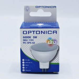Bec led MR16 5W (35W), 400 lm, 110 grade, lumina rece (6000K), opal, Optonica