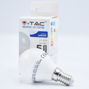 Bec LED sferic 7w (45W) cip Samsung, E14, P45, 600 lm, lumina rece (6400K), opal, V-TAC
