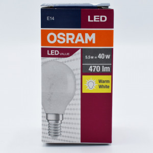 Bec led sferic 5.5W (40W), E14, P40, 470lm, lumina calda (2700K), opal, Osram