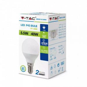 Bec LED sferic V-TAC, 5.5W(40W), E14, P45, 470 lm, lumina neutra (4000K), clasa energetica F [7]- savelectro.ro