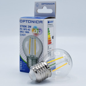 Bec led sferic Vintage filament 2W (17W), E27, G45, 250lm, lumina calda (2700K), clar, Optonica