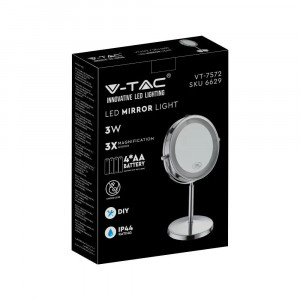 Oglinda dubla LED pentru machiaj 6629-VT, marire 1X sau 3X, stativ crom, alimentare cu baterii, V-TAC [8]- savelectro.ro