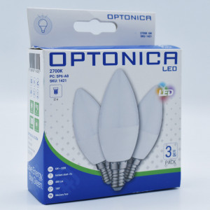 Set 3 becuri lumanare 6W (32W), E14, 480lm, lumina calda (2700K), opal, Optonica