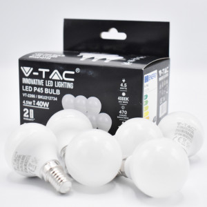 Set 6 becuri LED sferice 4.5W (40W), E14,  P45, 470 lm, lumina neutra (4000K), opal, V-TAC