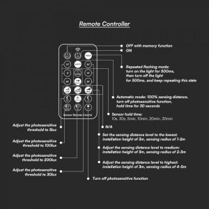 Aplica LED 76691-VT, cu senzor de miscare, cu telecomada, 18W, 1830lm, lumina neutra, IP44, neagra, V-TAC [9]- savelectro.ro