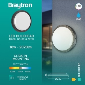 Aplica LED exterior 18W cu senzor microunde, lumina calda/neutra/rece, IP65, rotunda, neagra, Braytron [3]- savelectro.ro