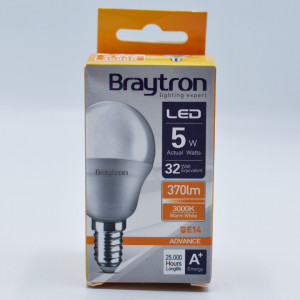 Bec led sferic 5W (32W), E14, P45, 370lm, lumina calda (3000K), opal, Braytron