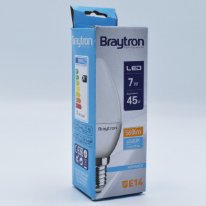 Bec led lumanare 7W (45W), E14, C37, 460lm, lumina rece (6500K), opal, Braytron