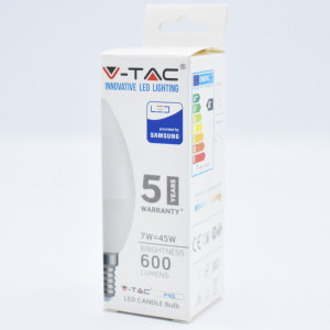 Bec LED lumanare 7W (45W) cip Samsung, E14, 600 lm, lumina calda (3000K), opal, V-TAC