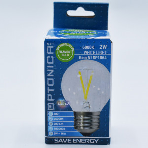 Bec led sferic Vintage filament 2W (16W), E27, G45, 200lm, lumina rece (6000K), clar, Optonica