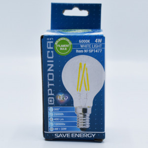 Bec led sferic Vintage filament 4W (32W), E14, G45, 400lm, lumina rece (6000K), clar, Optonica