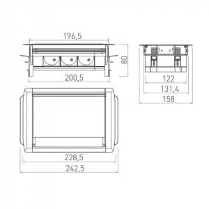 Dimensiuni priza incastrabila dreptunghiulara cu perii, 3 prize schuko, aluminiu, GTV AE-PBC3GS-53BKS