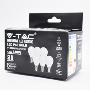 Set 6 becuri LED 4.5W (40W), E14, P45, 470 lm, lumina calda (3000K), opal, V-TAC