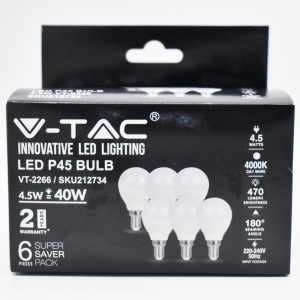 Set 6 becuri LED sferice 4.5W (40W), E14,  P45, 470 lm, lumina neutra (4000K), opal, V-TAC