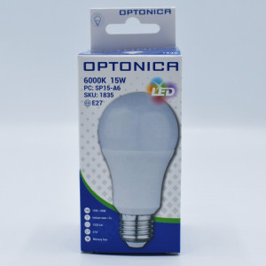Bec LED 15W (90W), E27, A60, 1320 lm, lumina rece (6000K), opal, Optonica